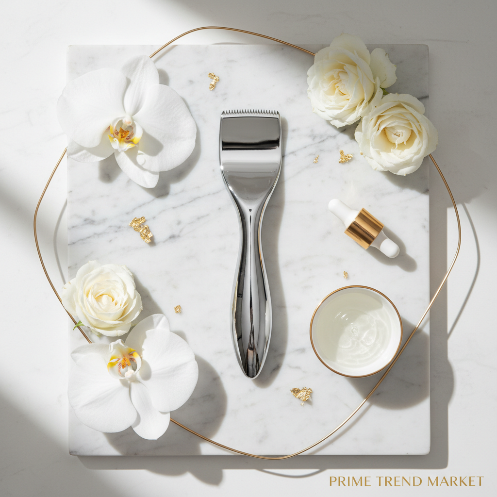 Ultrasonic skin scrubber face spatula on marble with white flowers and gold accents — Prime Trend Market