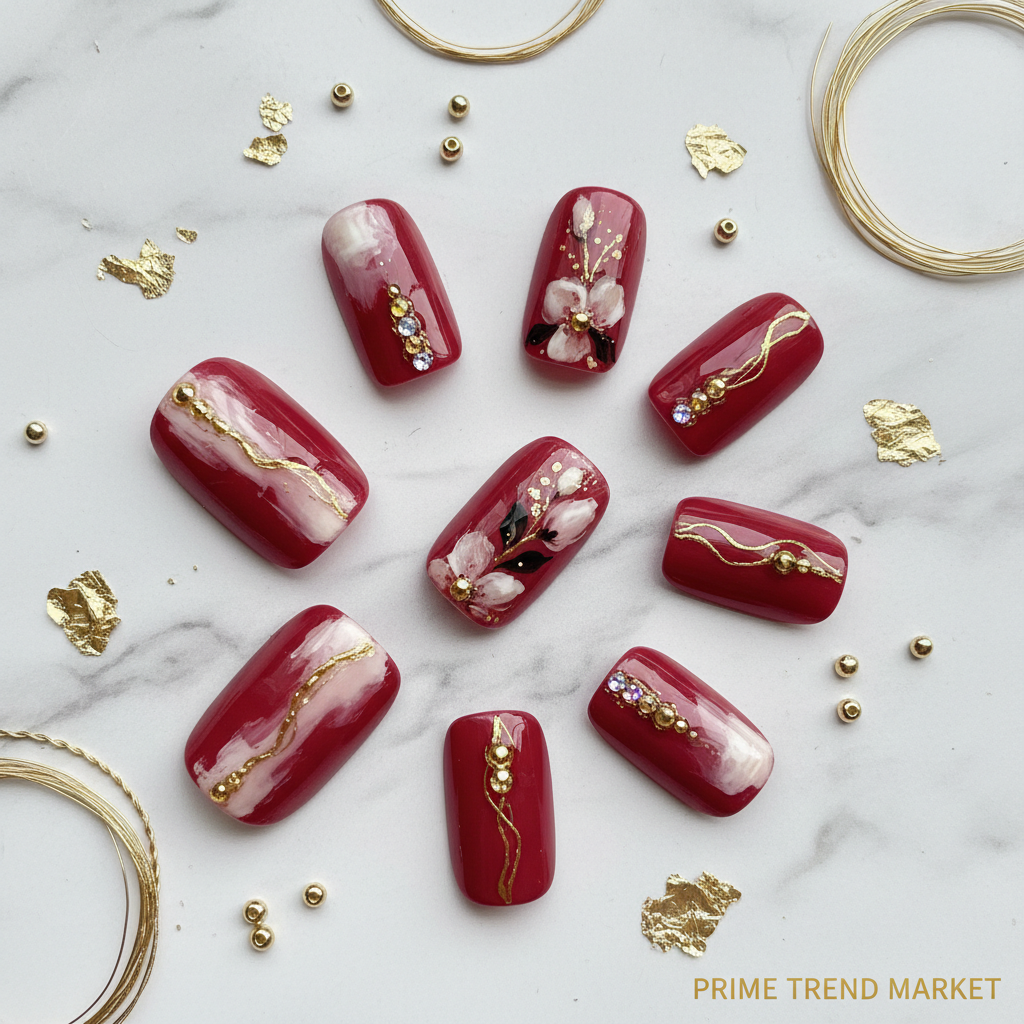 Rose Red Artistic Press-On Nails — Marble Flat Lay