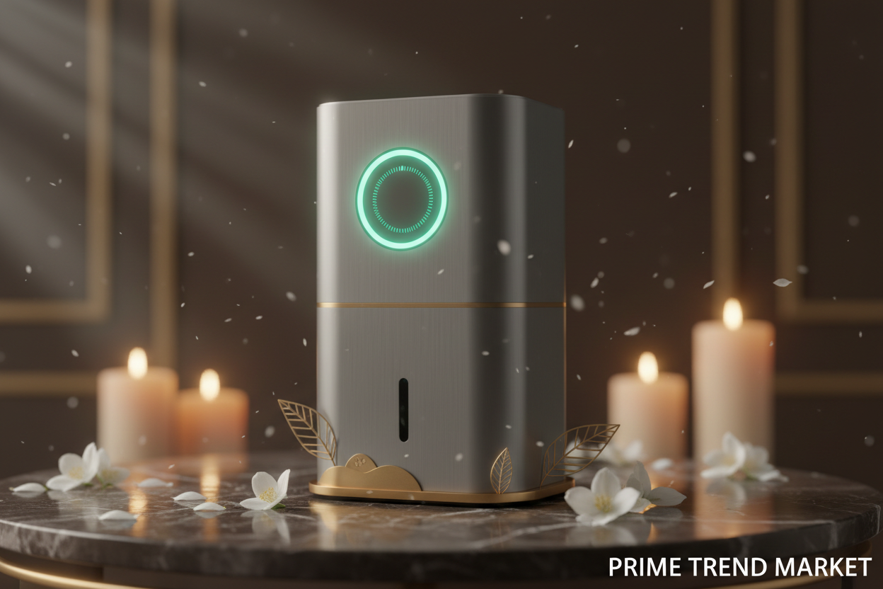 Smart grey USB pet odor purifier glowing softly on dark marble with candlelight bokeh