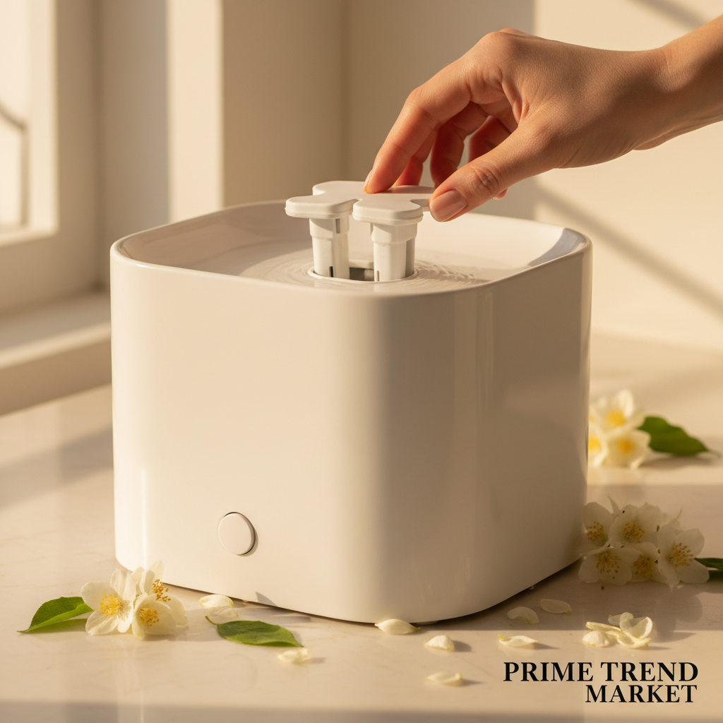 Hand installing double wing filter into white luxury pet water fountain with jasmine flowers on marble