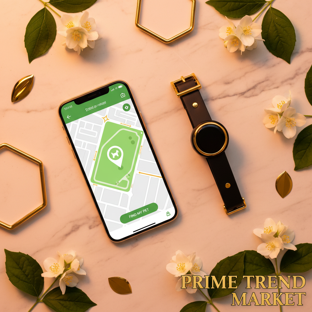 Smartphone showing GPS map with dog location pin next to black GPS collar - Prime Trend Market