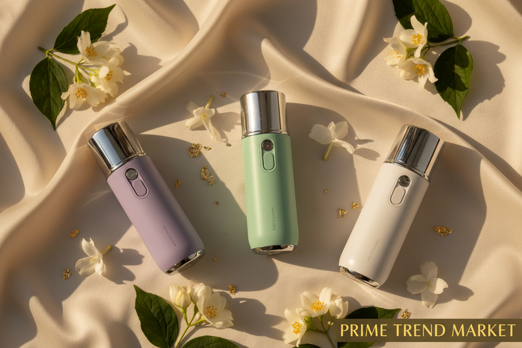 Three NanoMist sprayers in green, purple and white on cream silk