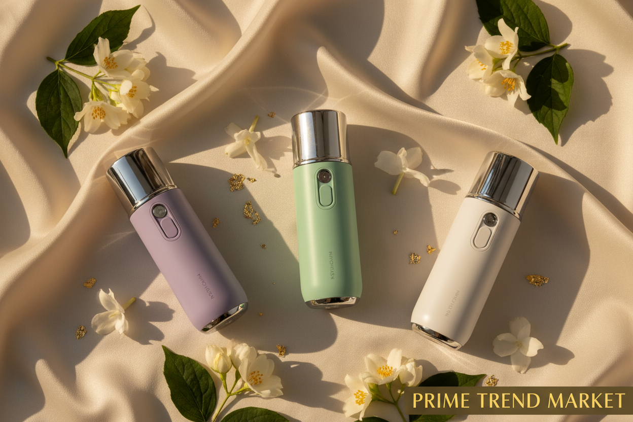 Three NanoMist sprayers in green, purple and white on cream silk