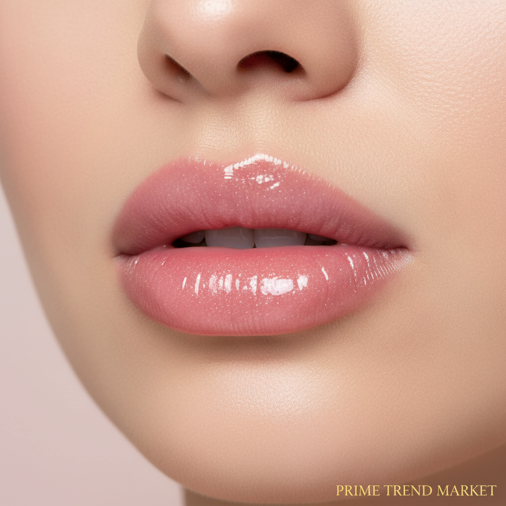 Woman's glossy plump lips with lip gloss