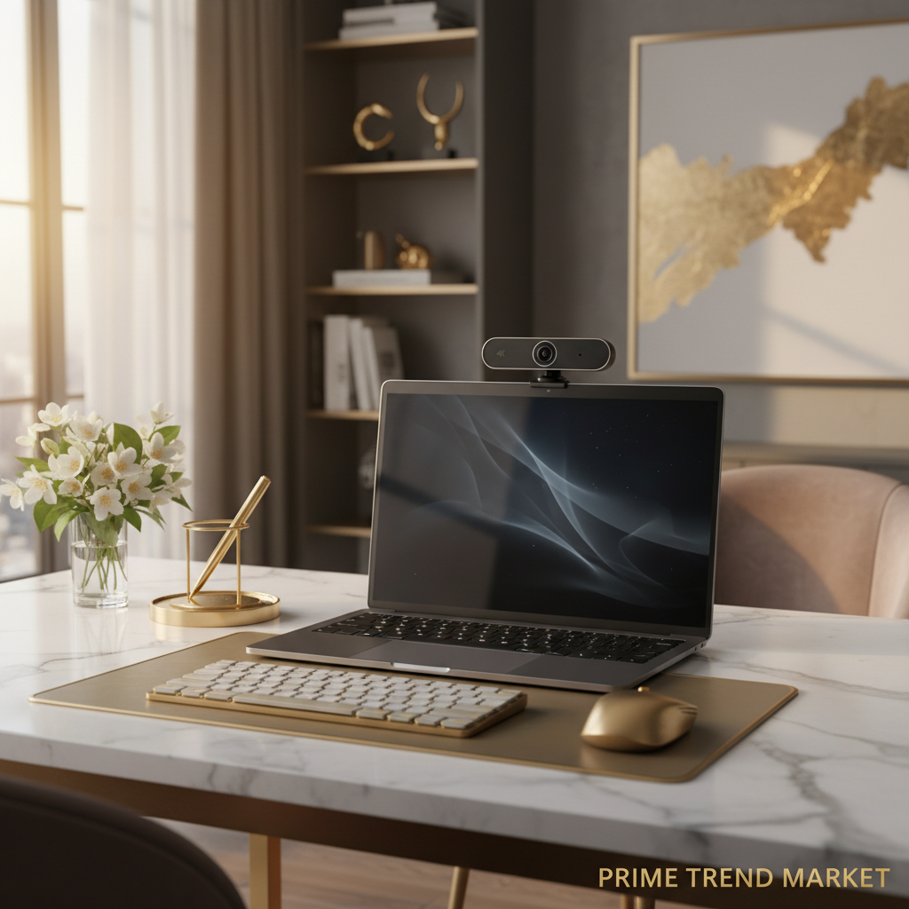 4K Beauty Auto Focus Webcam mounted on laptop in luxury home office setup