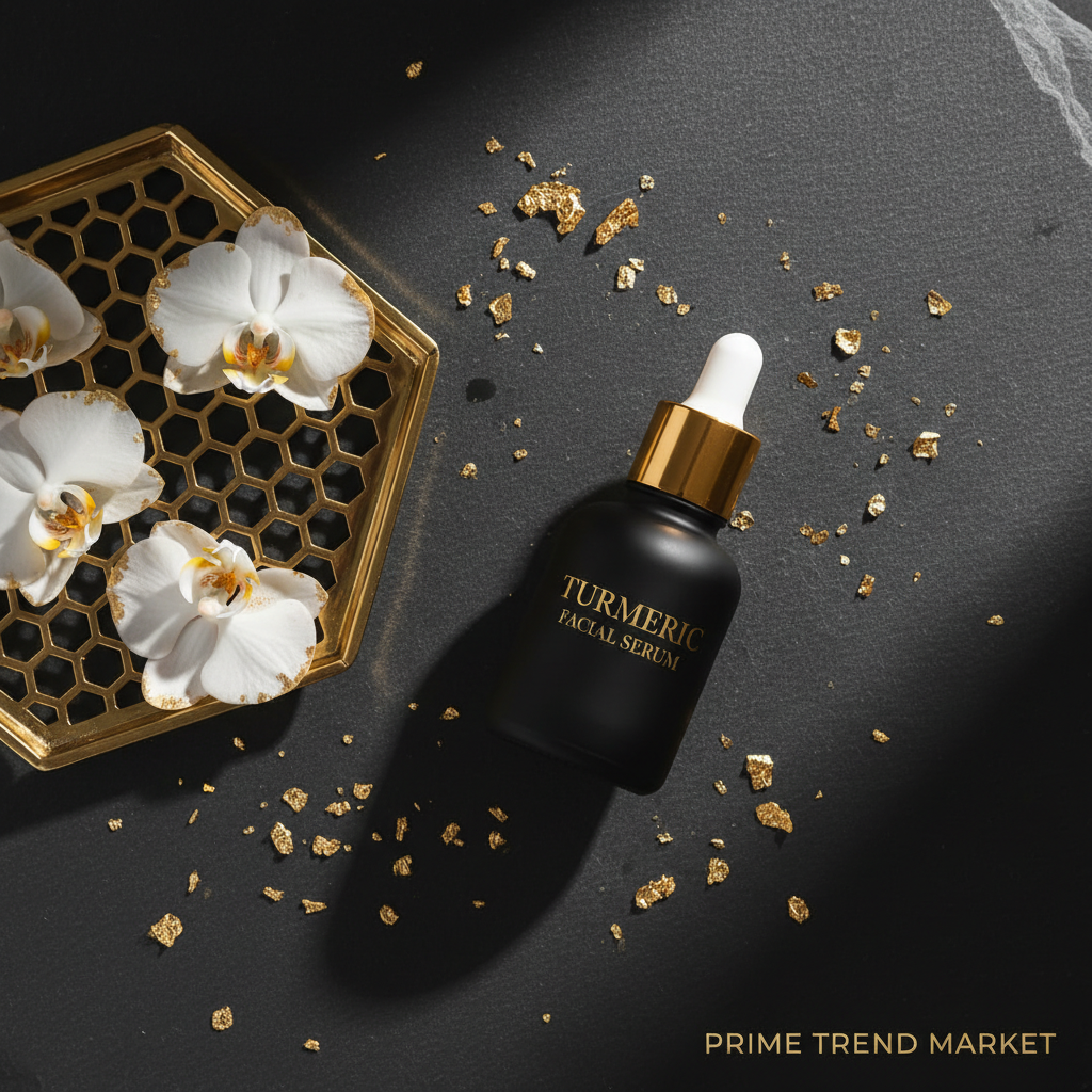 Dark luxury flatlay of turmeric serum with orchids and gold accents — Prime Trend Market