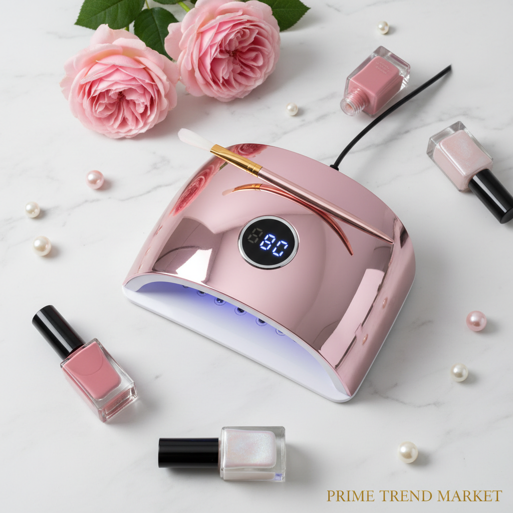Pink UV LED nail lamp flat lay on white marble with pink roses, gel polish bottles and pearl beads
