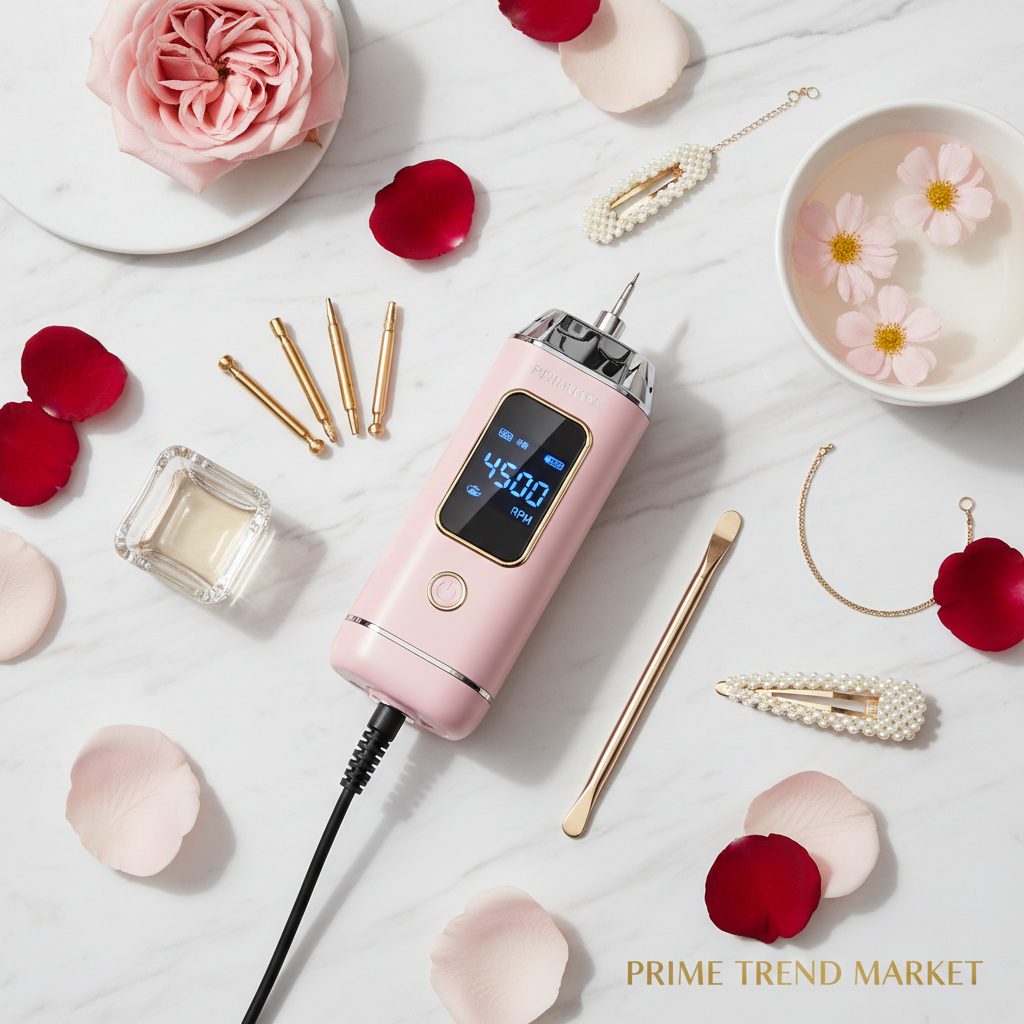 Pink cordless 45000RPM nail drill luxury flatlay on marble