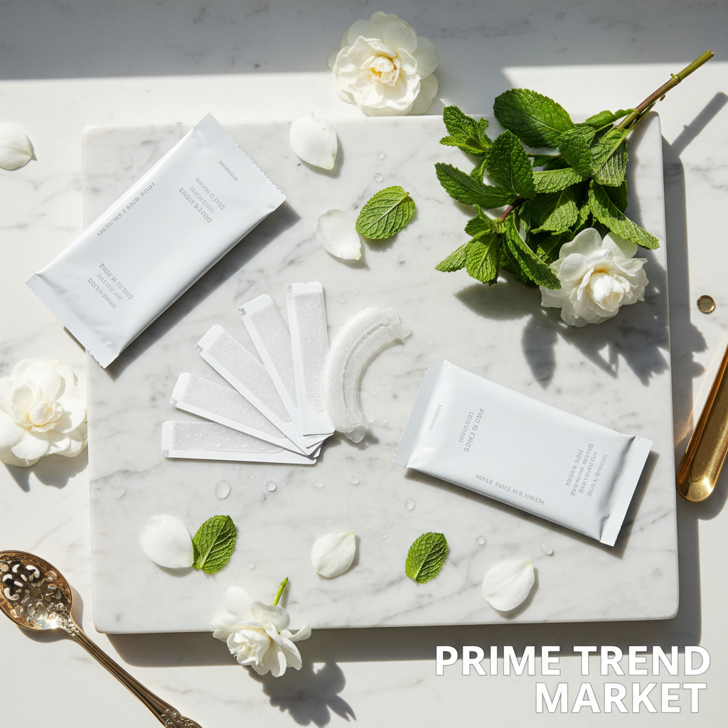 Luxury flat lay of teeth whitening strips with fresh mint leaves, white flowers and gold accents on marble
