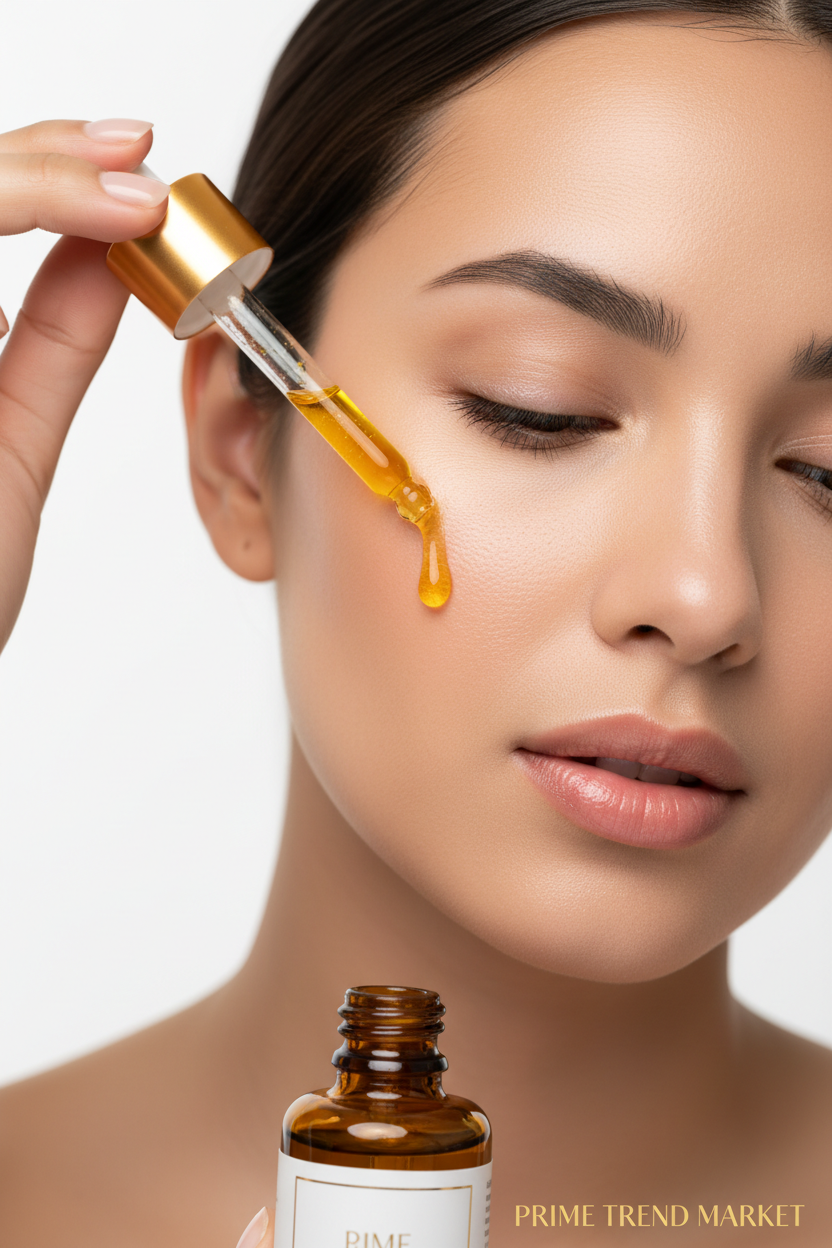 Woman with glowing even-toned skin applying turmeric dark spot serum — Prime Trend Market