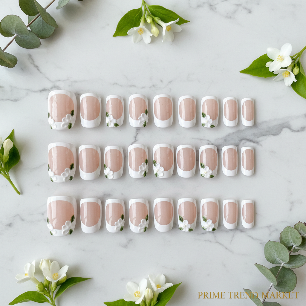24 PCS white floral French tip toenails flatlay - Prime Trend Market