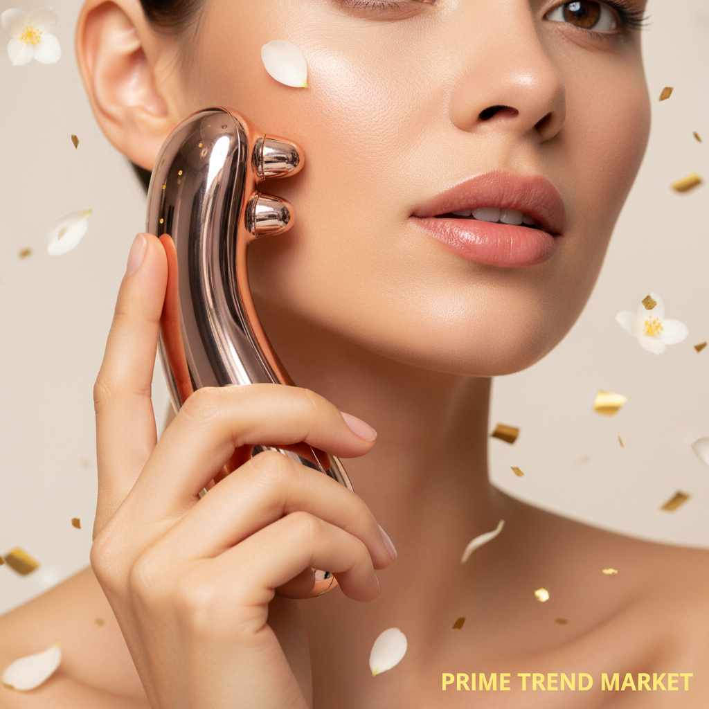 Luxury EMS Face Lift device lifestyle shot with glowing sculpted jawline