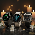 Three premium smartwatches on dark marble with jasmine flowers and gold leaf