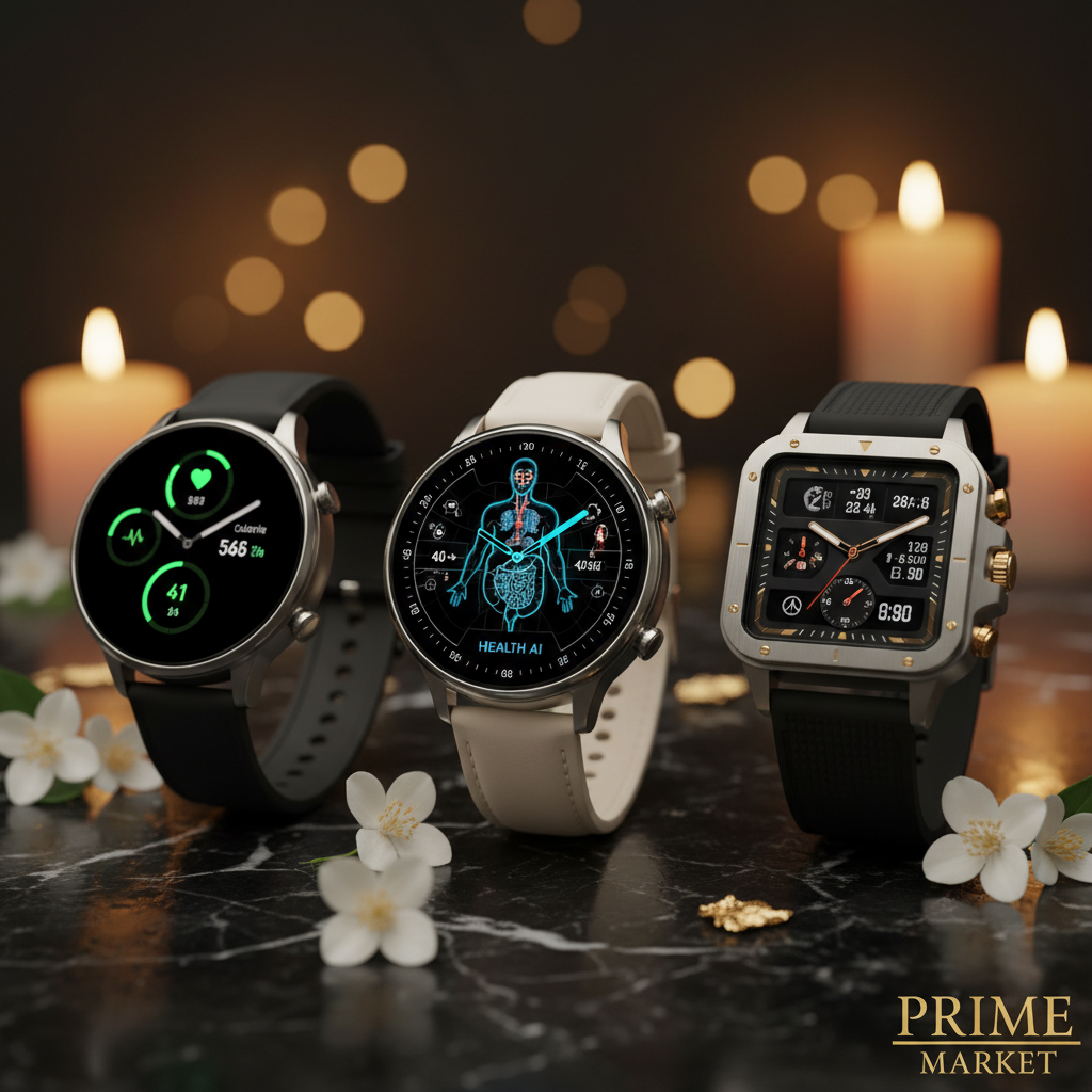 Three premium smartwatches on dark marble with jasmine flowers and gold leaf