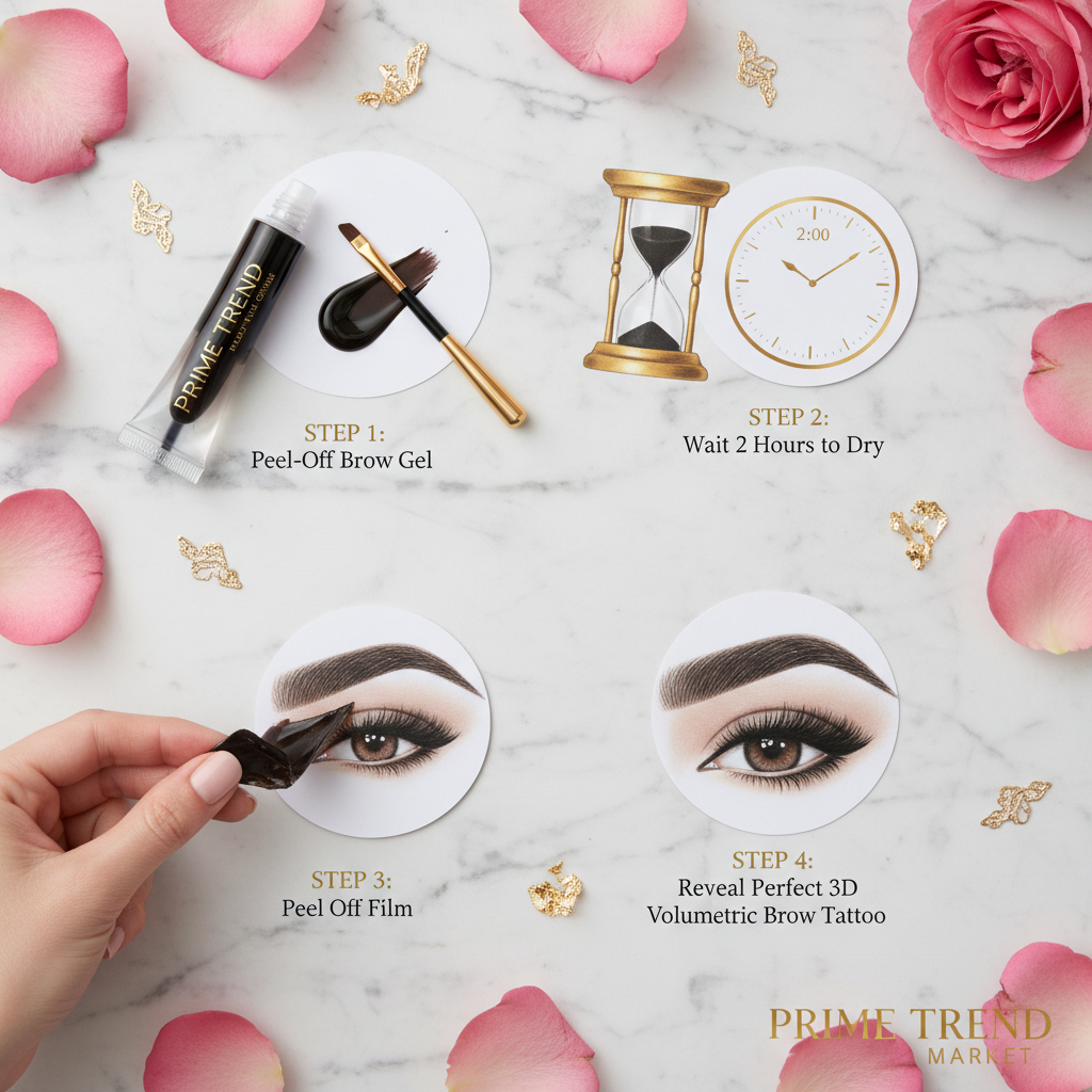 Four step brow tattoo tutorial apply peel-off brow gel dry peel reveal 3D volumetric brow editorial