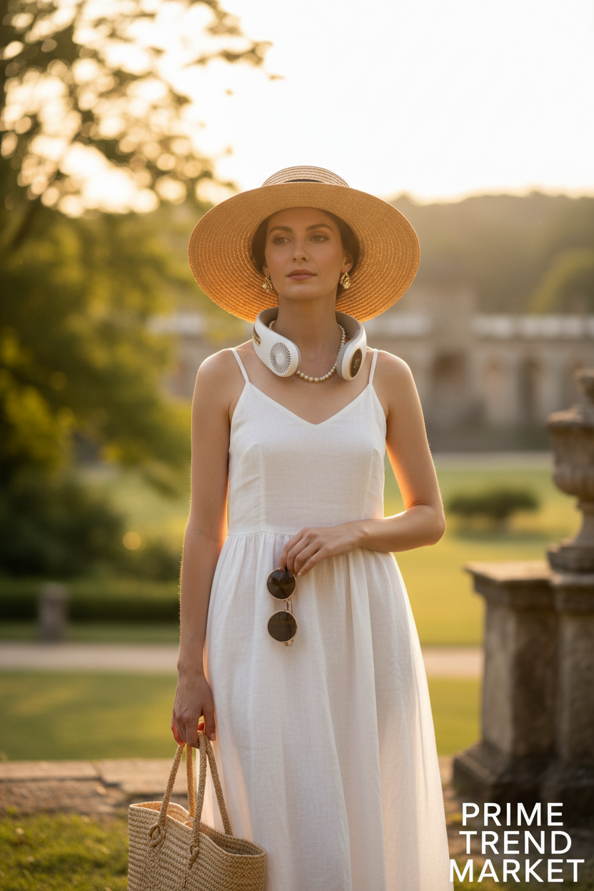 Elegant woman wearing ArcBreeze bladeless neck fan outdoors