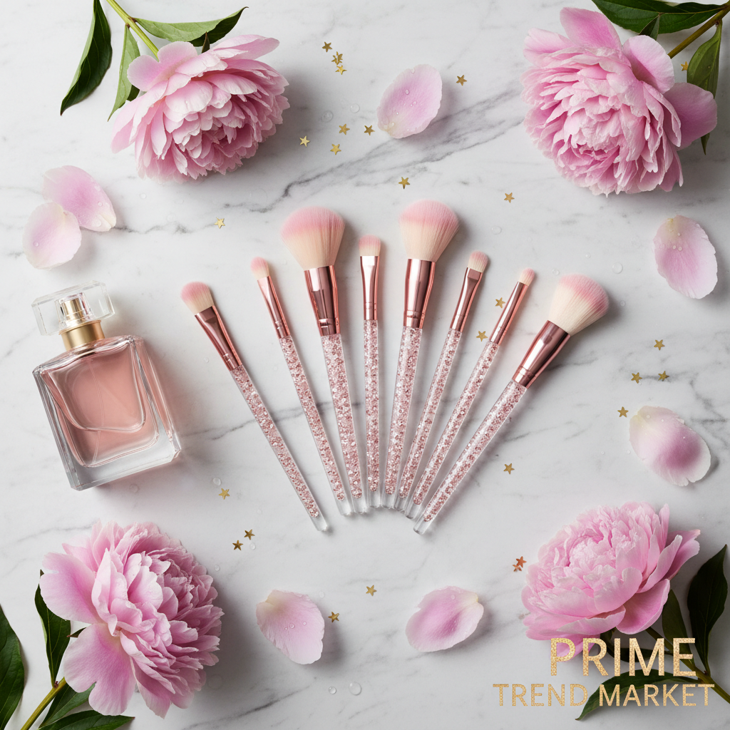 10-piece pink diamond inlaid makeup brush set fan arrangement with peonies and gold confetti on marble