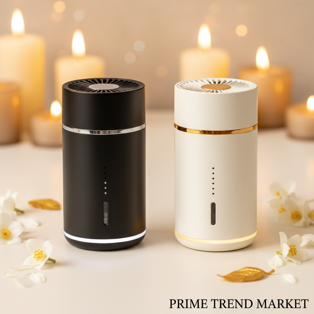 Black and white car air purifier duo on cream ivory surface with jasmine petals - Prime Trend Market