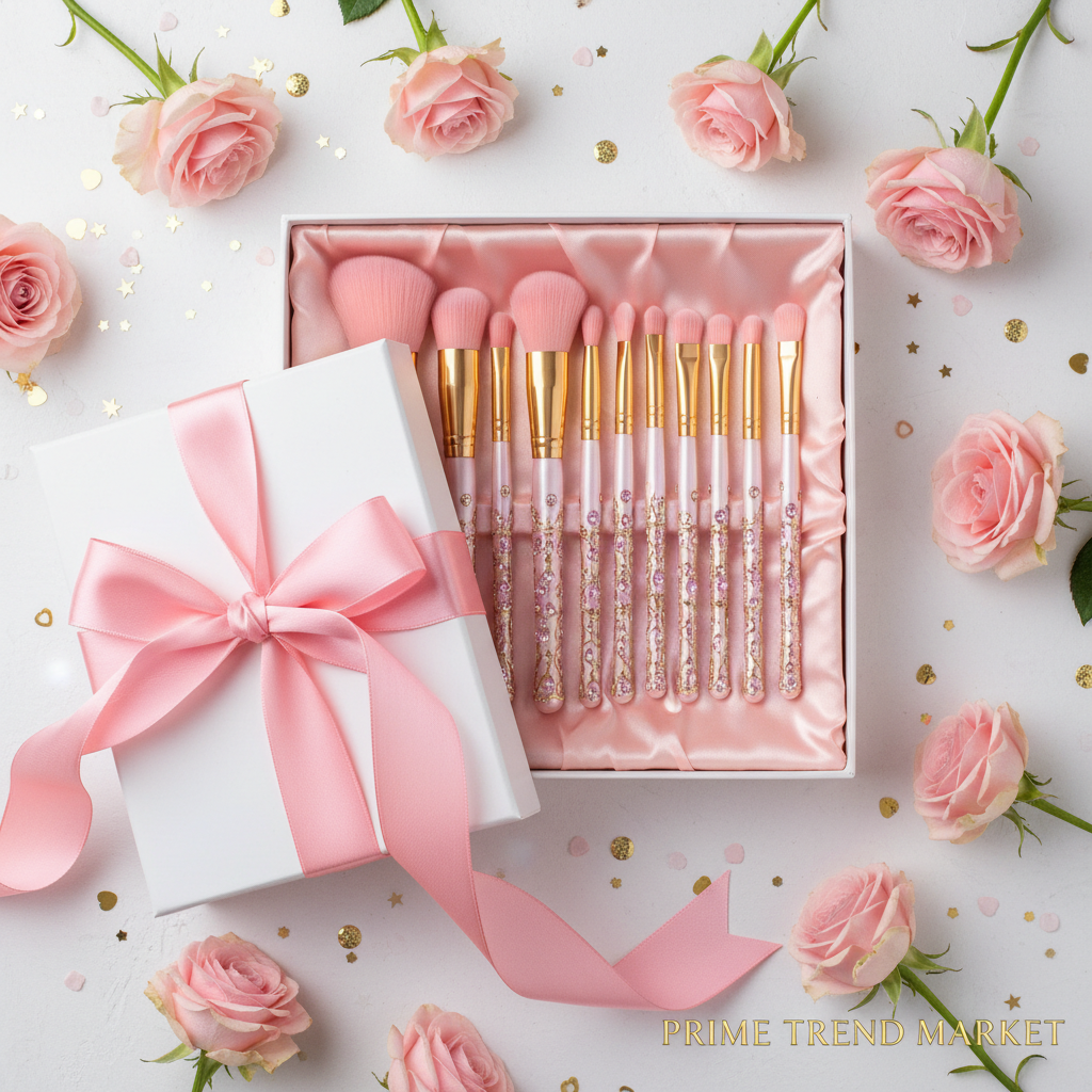 Pink diamond inlaid handmade makeup brush set in premium gift box with satin ribbon and roses