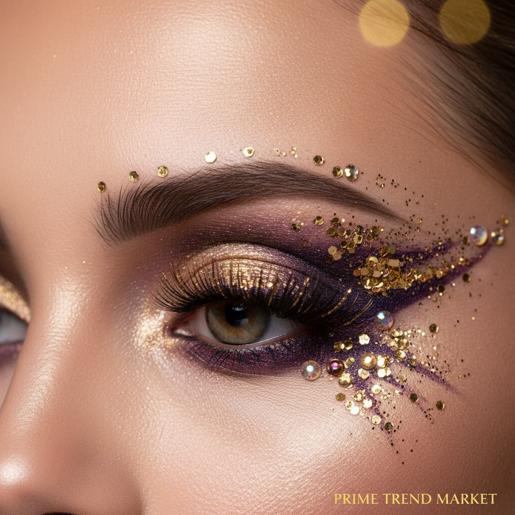 Close-up glitter eyeliner on woman's eye festival makeup