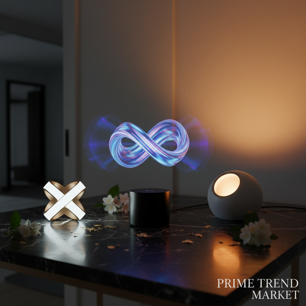 3D hologram fan, optical illusion LED lamp and sunset projection lamp on dark marble