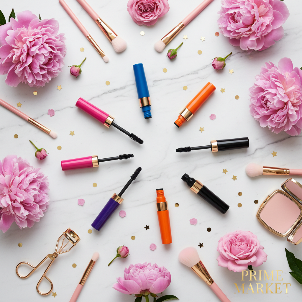 PHOFAY colorful mascaras in multiple shades arranged on marble with pink flowers and gold confetti