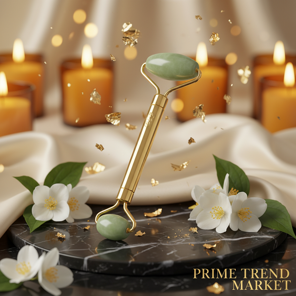 Luxury Electric Jade Roller Gold on Dark Marble