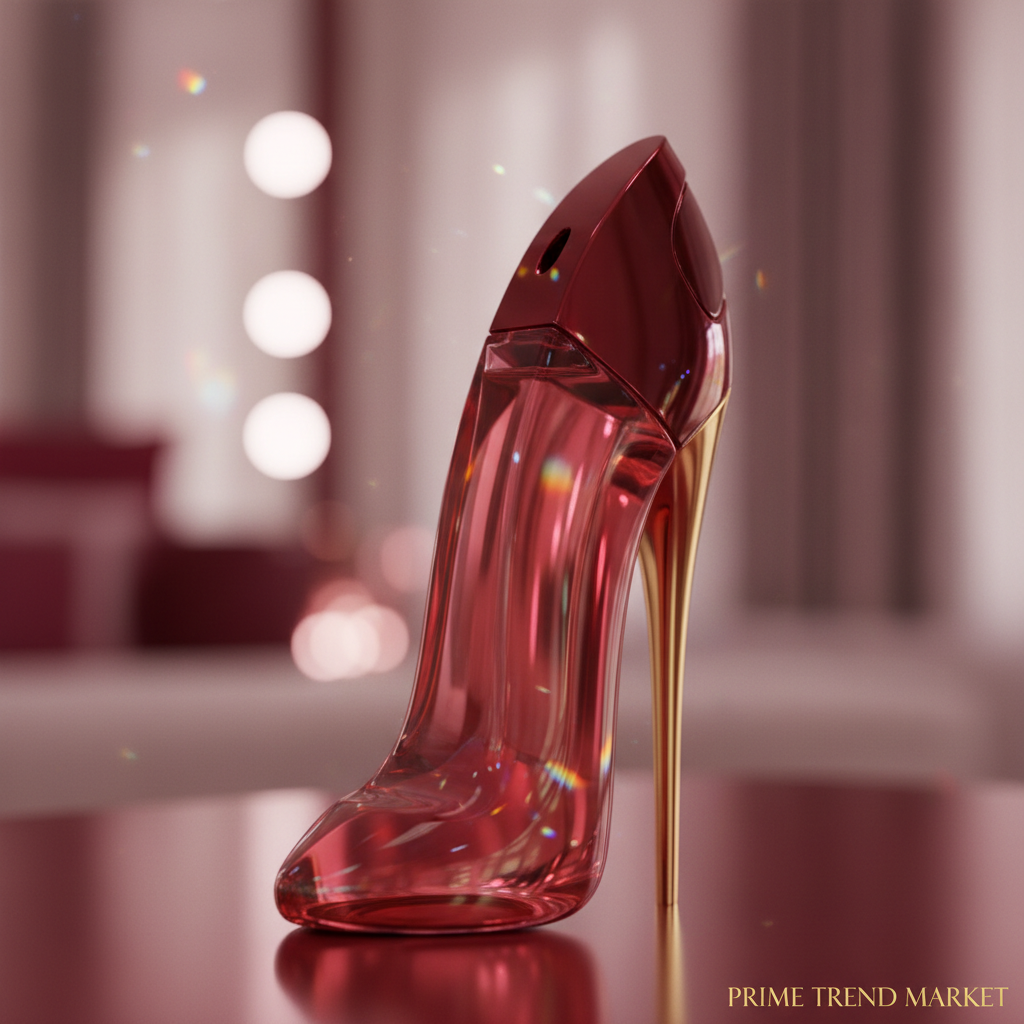 Macro close-up of red high-heel perfume bottle with pink bokeh