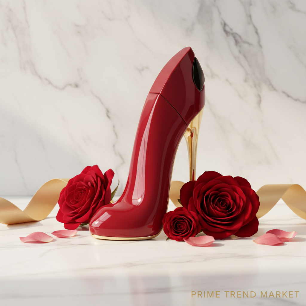Red high-heel perfume bottle on marble with roses and gold ribbon