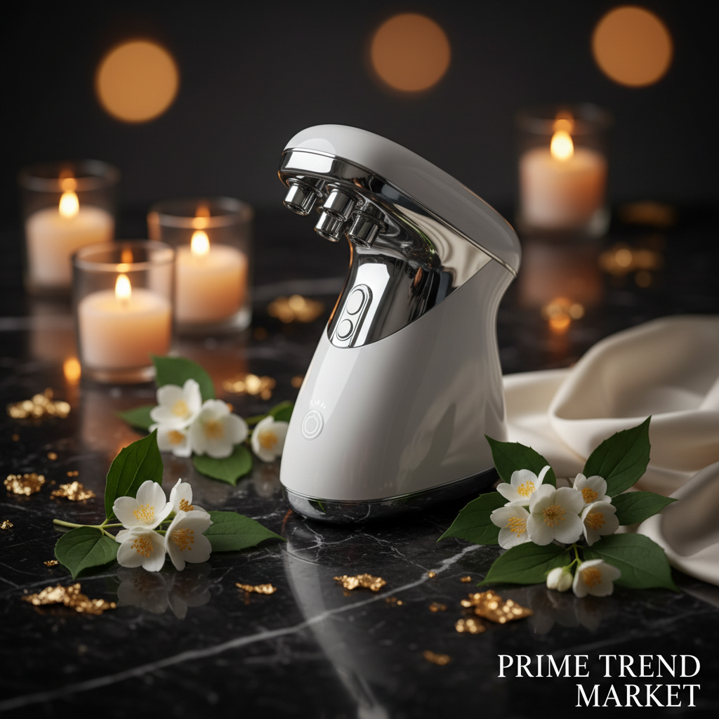 White luxury smart hand massager on dark marble with jasmine flowers and gold accents