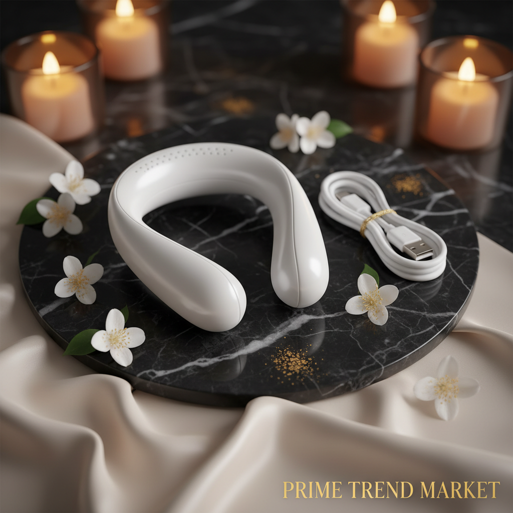 Neck massager flat lay with USB cable on dark marble