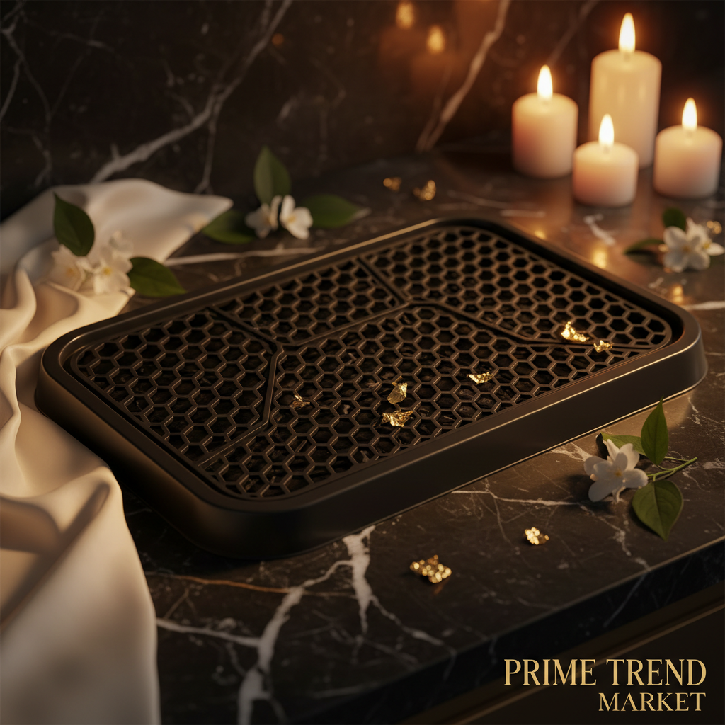 Premium black cat litter step pad on dark marble with gold accents