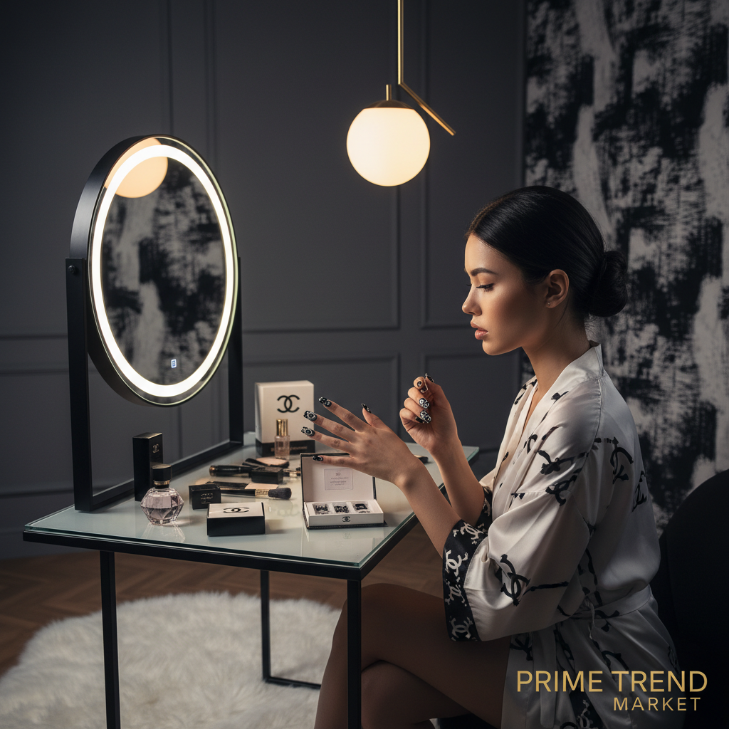 Woman applying black white CC press-on nails - Prime Trend Market