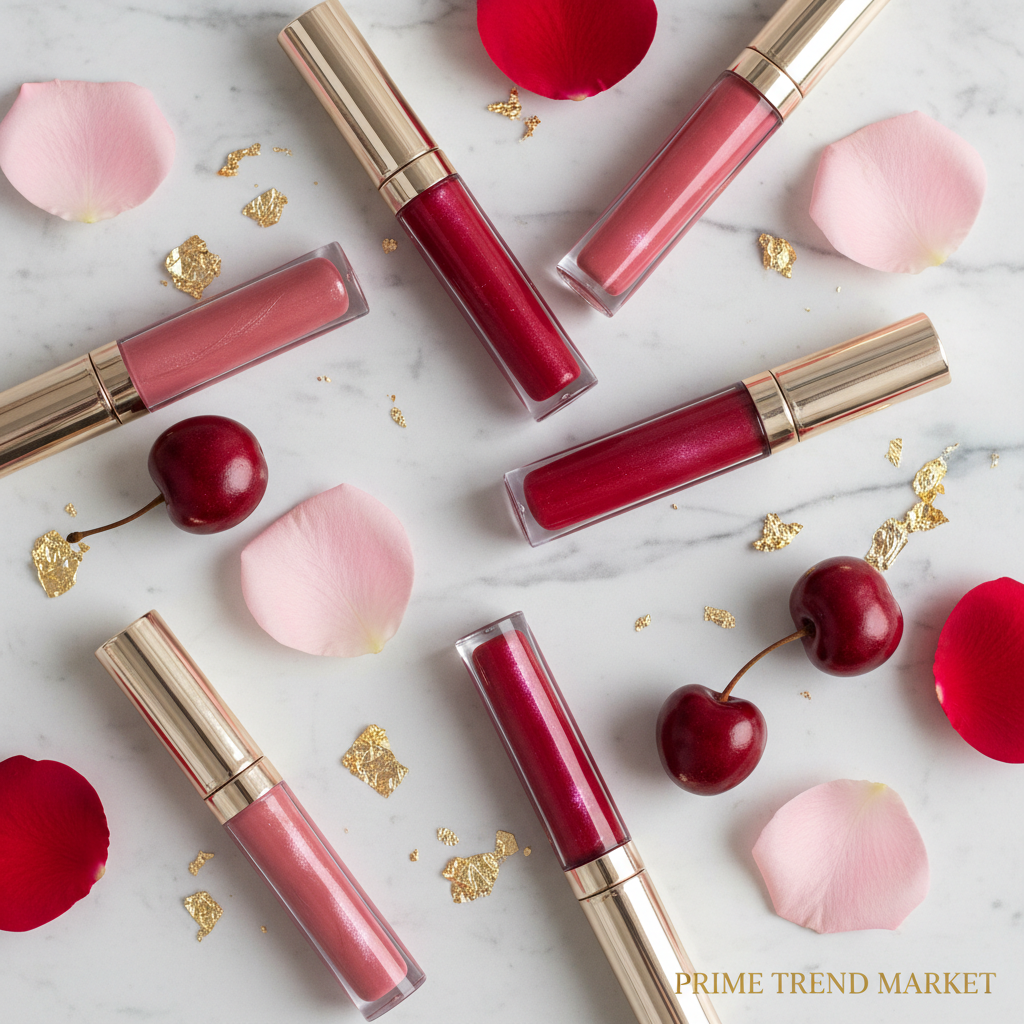 PHOFAY Ultra-Glossy Lip Gloss flat lay on marble with rose petals and gold accents