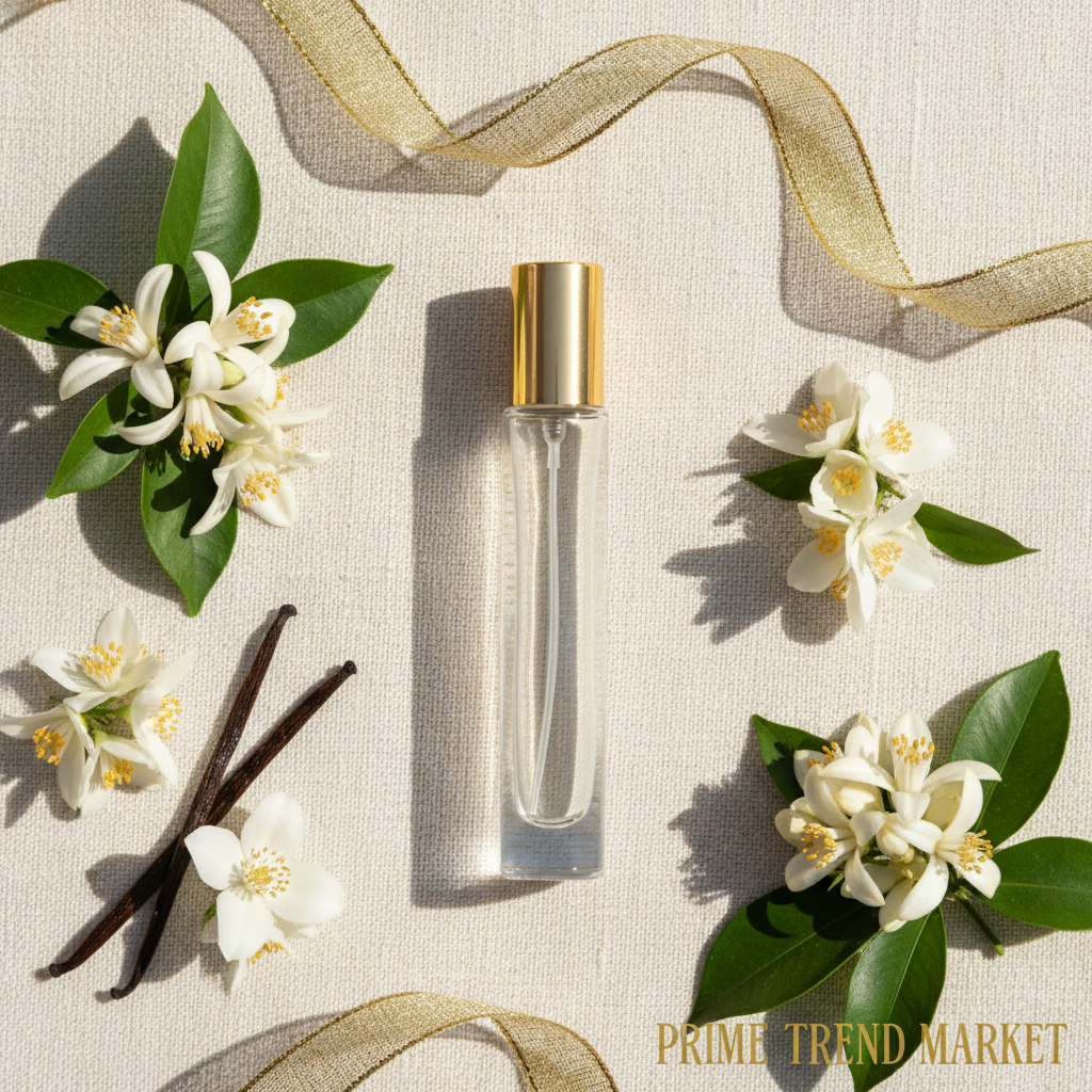 Flat lay of Water of Freedom perfume on cream linen with orange blossom and gold ribbon