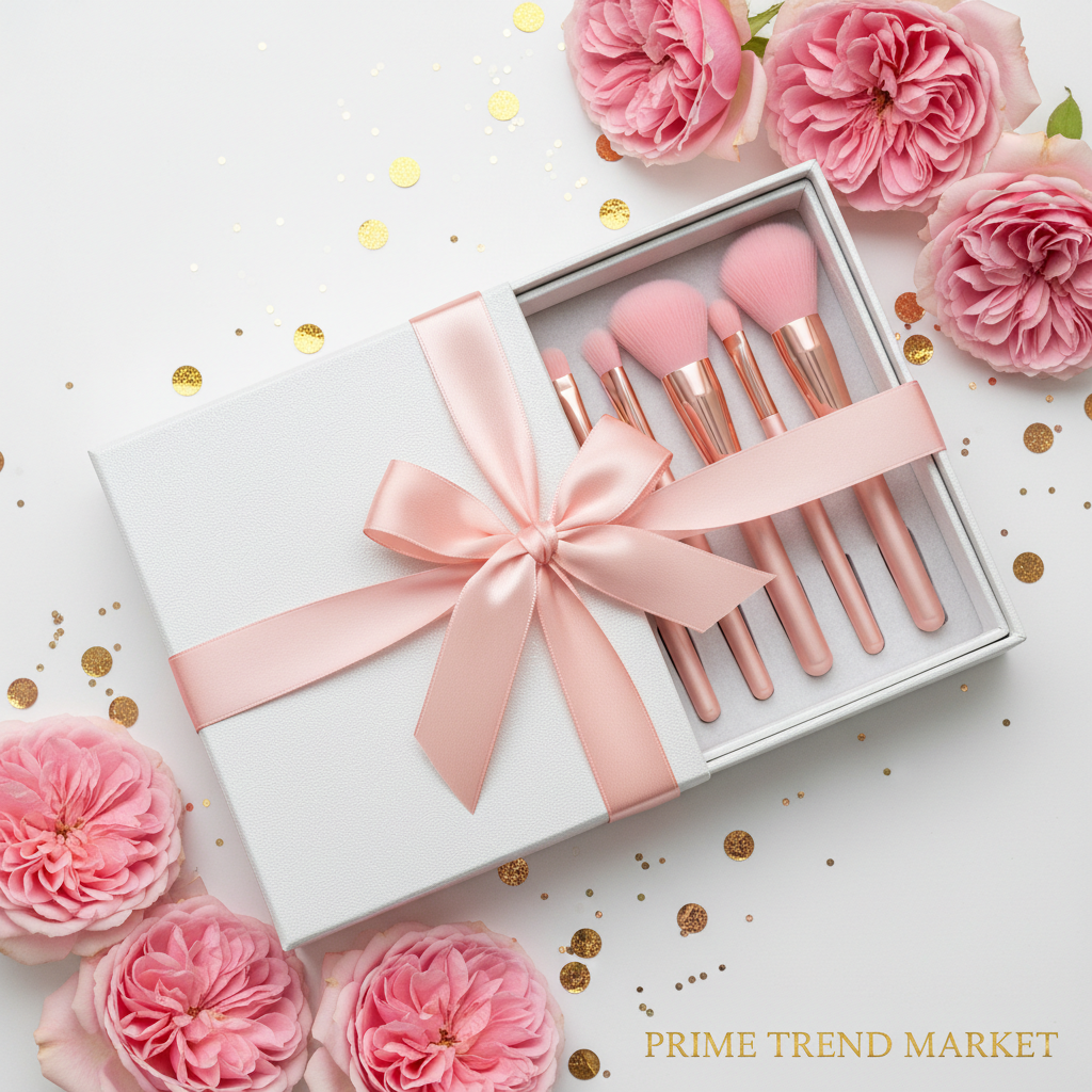 Rose gold luxury makeup brush set in premium gift box with satin ribbon and pink roses