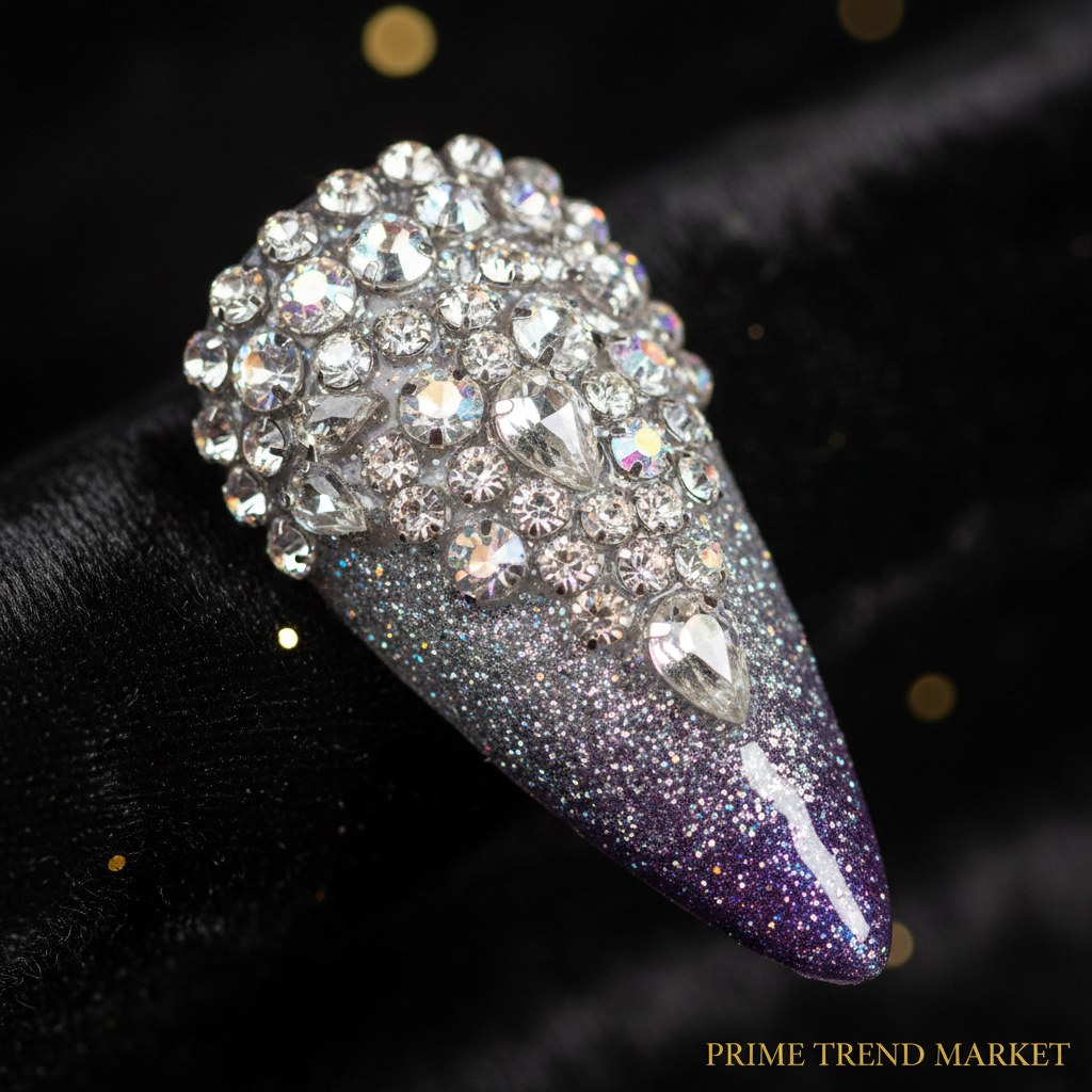Extreme close-up macro shot of rhinestone crystal cascade nail detail