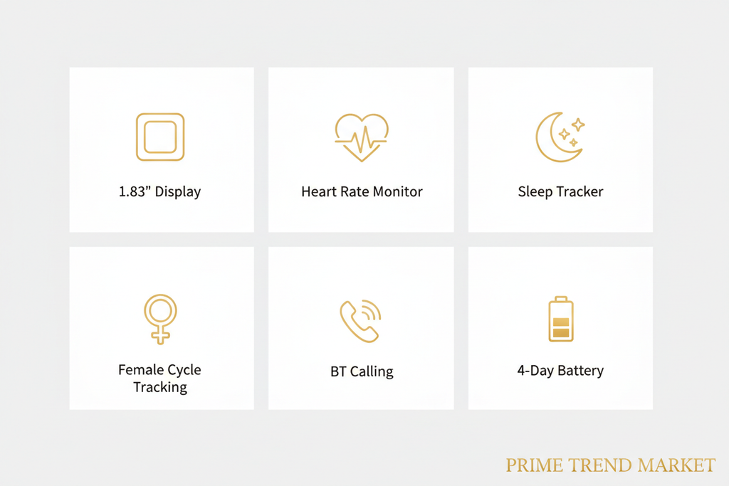 SmartWatch features: 1.83 inch display, heart rate, sleep tracker, female cycle, BT calling, 4-day battery — Prime Trend Market