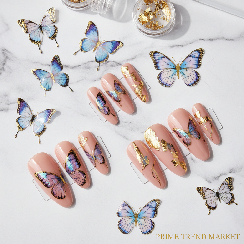 Handmade UV butterfly nail patches flat lay on marble