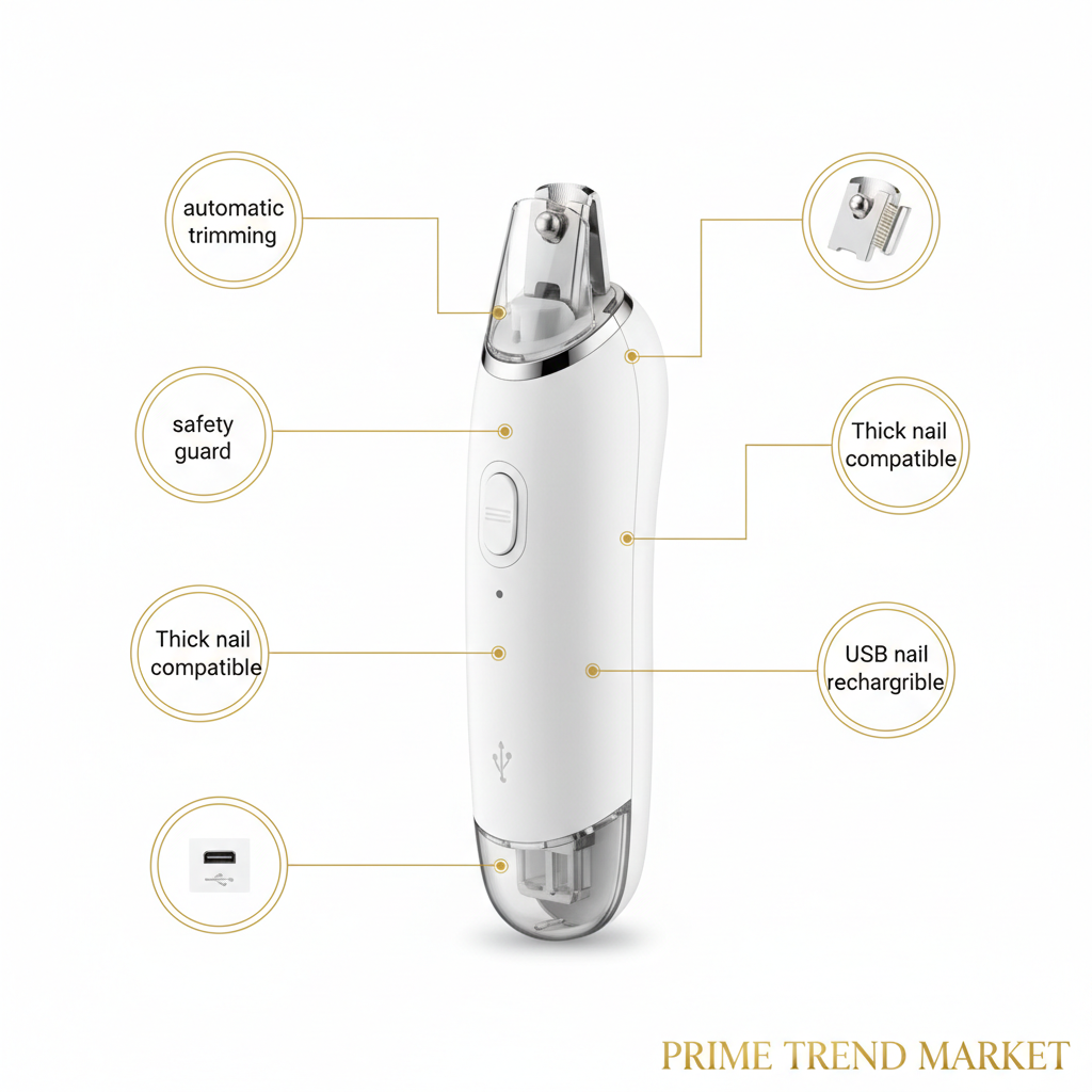 Safety electric nail clipper feature highlights infographic - Prime Trend Market
