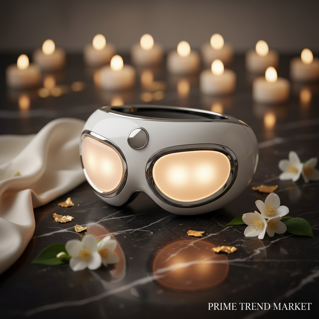 Luxury white smart eye massager on dark marble with jasmine flowers and gold accents
