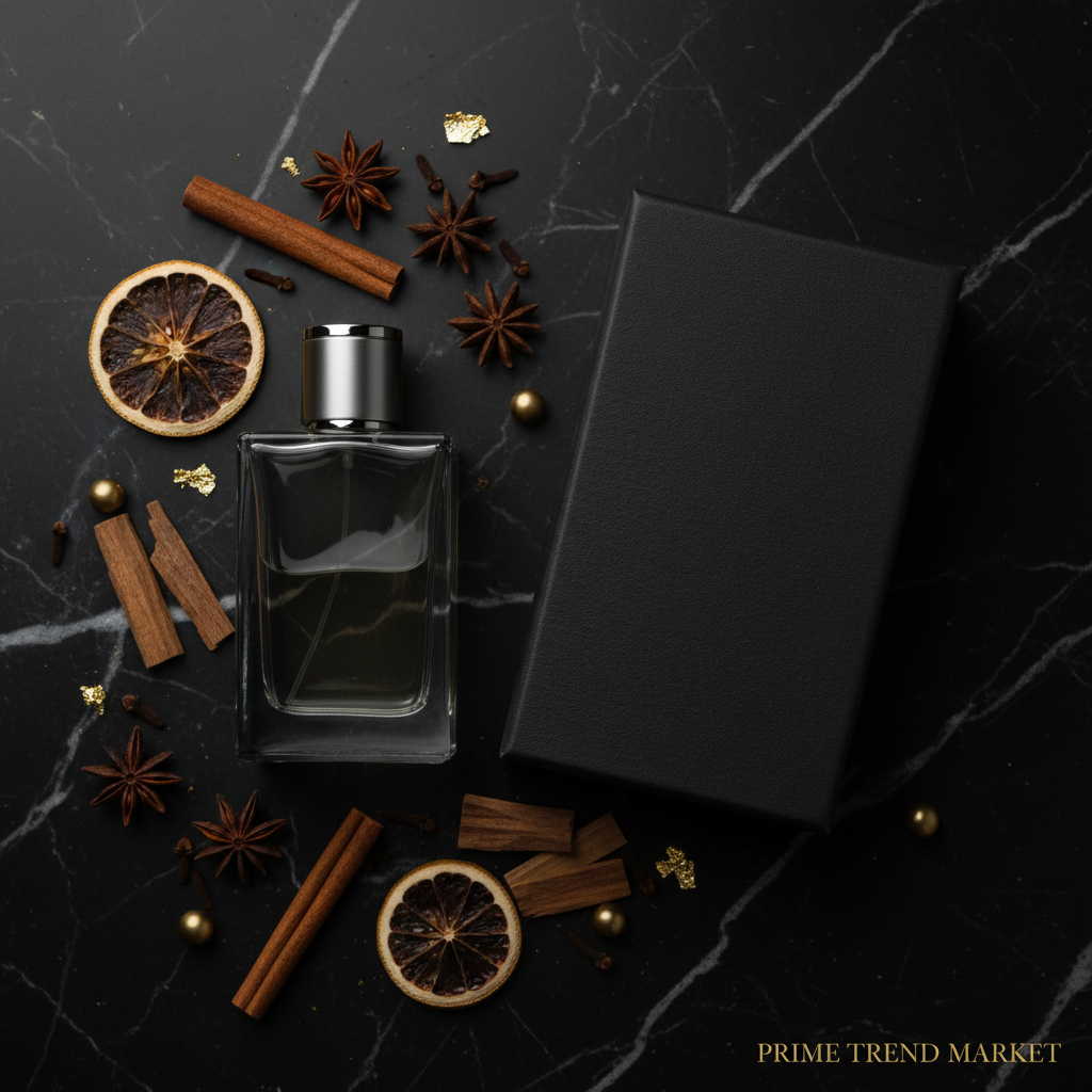 Flat lay of cologne bottle on black marble with sandalwood and gold accents