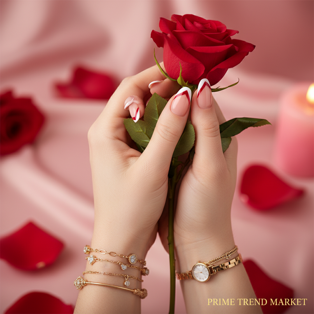Woman's hands with wine red heart French tip press on nails holding red rose