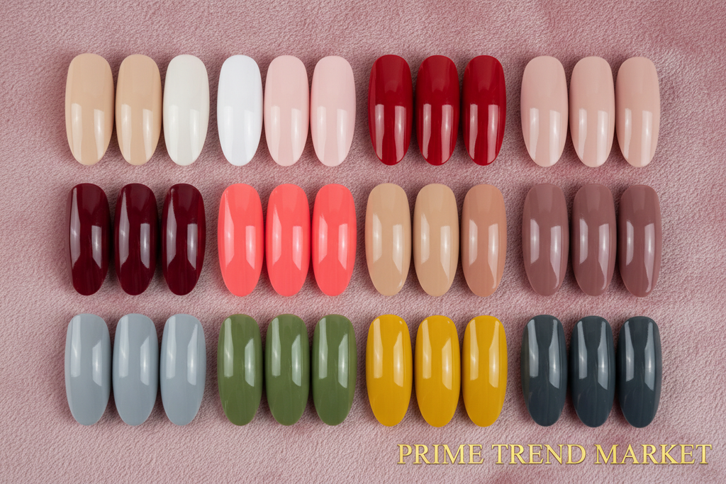 Long Almond Press-On Nails — 12 Styles Color Grid