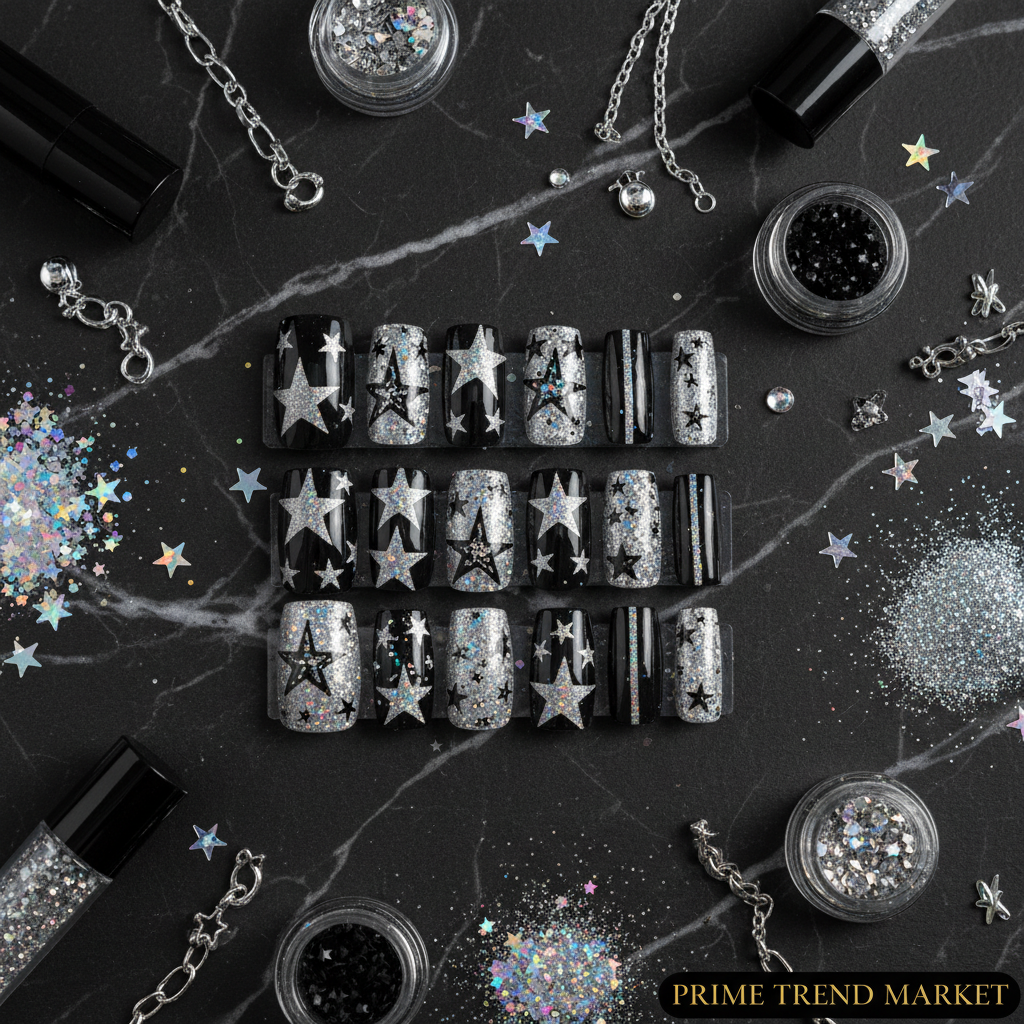 Black silver star nail art press-on nails flat lay on black marble with silver star confetti and holographic glitter