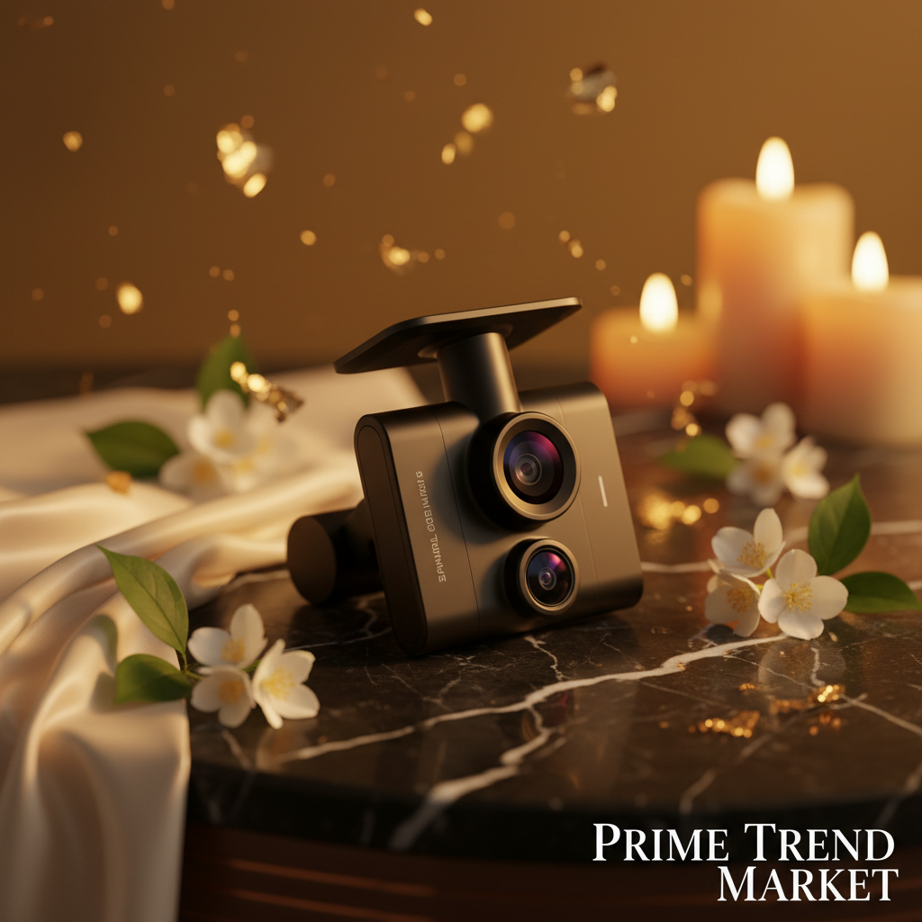 Black 3-channel dash cam on black marble with jasmine flowers and gold accents - Prime Trend Market