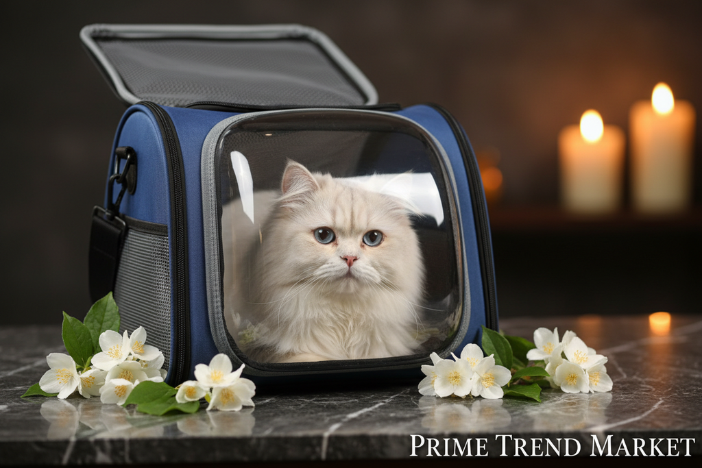 Fluffy white Persian cat sitting inside blue space capsule pet carrier bag