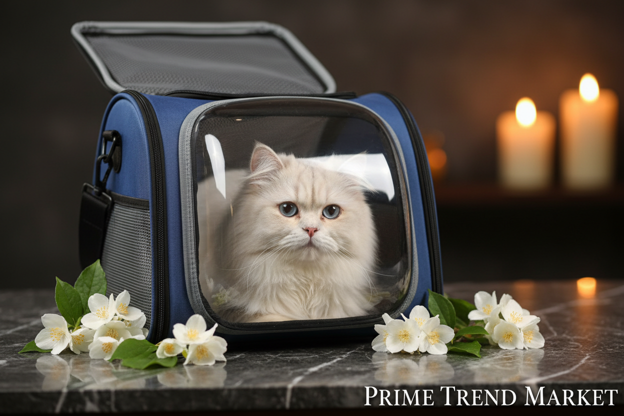 Fluffy white Persian cat sitting inside blue space capsule pet carrier bag