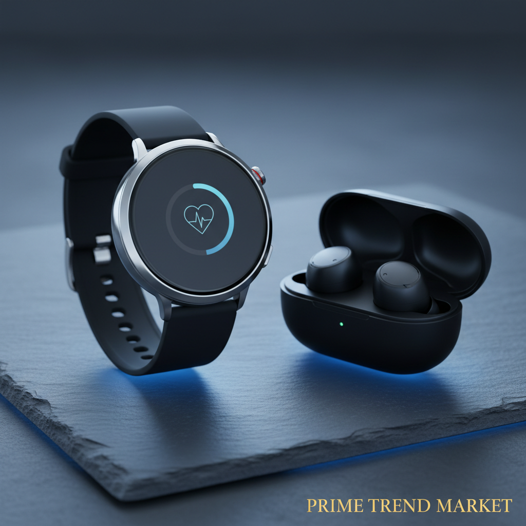 Dark slate tech product shot smartwatch earbuds