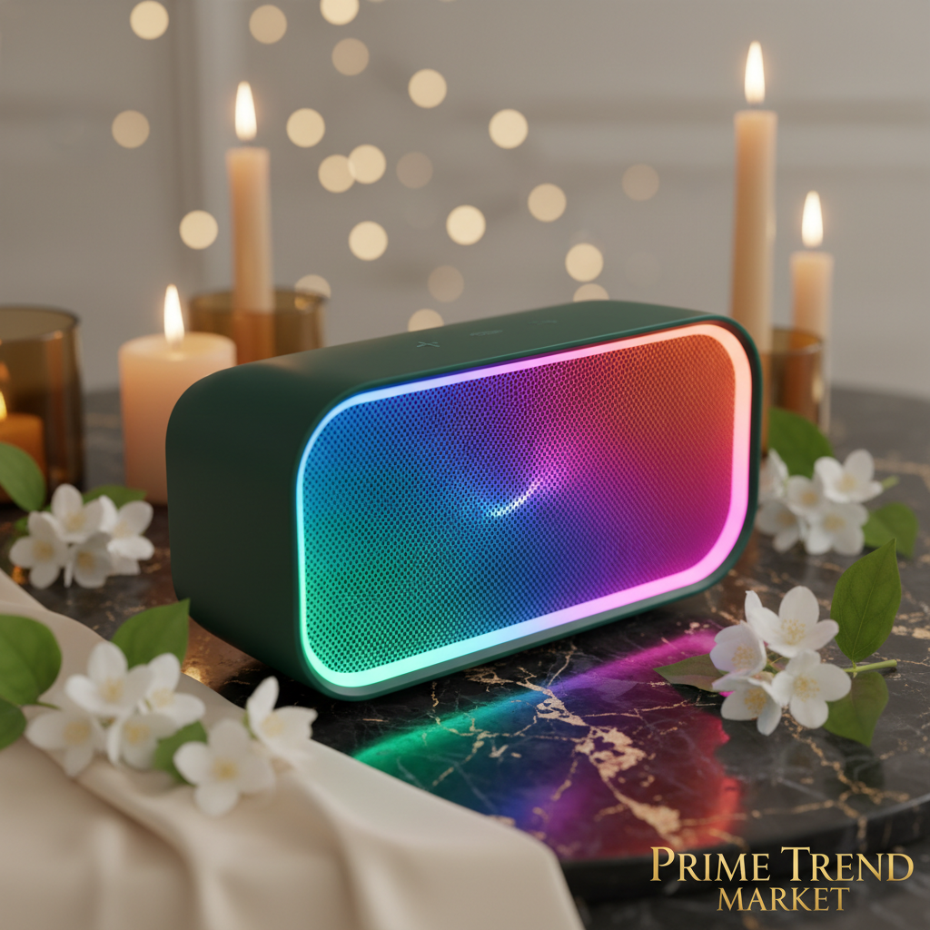 RGB Glow Bluetooth Speaker - Elegant Green with neon RGB glow on marble